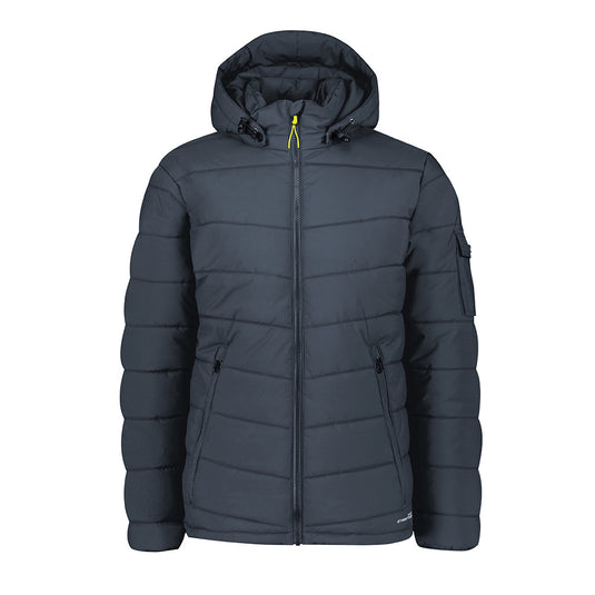 Syzmik Streetworx Hooded Puffer Jacket featuring a durable ripstop shell, removable hood, and secure zip pockets. Designed for freedom of movement and warmth, ideal for active safety and workplace environments.