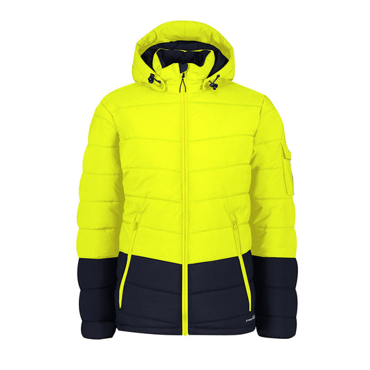 Syzmik Streetworx Hooded Puffer Jacket featuring a durable ripstop outer, removable hood, and multiple secure pockets. Ideal for safety-conscious environments, aligning with Active Safety's commitment to protective workwear essentials.