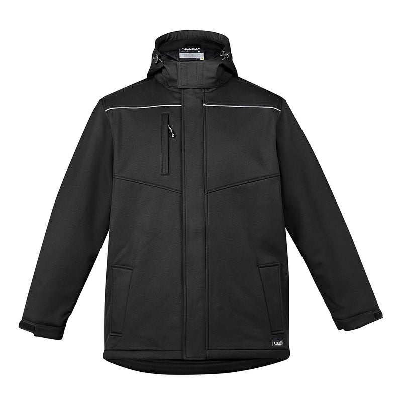 Load image into Gallery viewer, Syzmik Unisex Antarctic Softshell Jacket with a zip-off hood features a central zipper with storm flap, multiple zip pockets, and adjustable cuffs, designed for maximum warmth and protection.