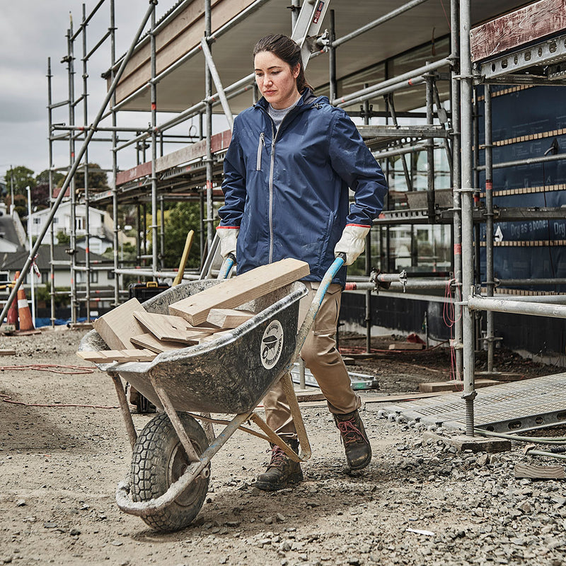 Load image into Gallery viewer, Syzmik Unisex Super Light Packable Rain Jacket showcasing lightweight, waterproof design with mesh lining, adjustable storm cuffs, and multiple zip pockets. Ideal for wet weather safety and comfort.