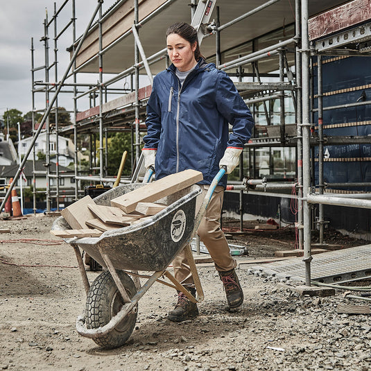 Syzmik Unisex Super Light Packable Rain Jacket showcasing lightweight, waterproof design with mesh lining, adjustable storm cuffs, and multiple zip pockets. Ideal for wet weather safety and comfort.