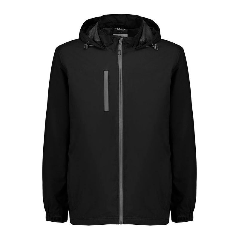 Load image into Gallery viewer, Syzmik Unisex Super Light Packable Rain Jacket, showcasing its lightweight, breathable design with adjustable storm cuffs, secure zip pockets, and a peaked hood, ideal for active safety and weather protection.