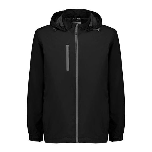 Syzmik Unisex Super Light Packable Rain Jacket, showcasing its lightweight, breathable design with adjustable storm cuffs, secure zip pockets, and a peaked hood, ideal for active safety and weather protection.