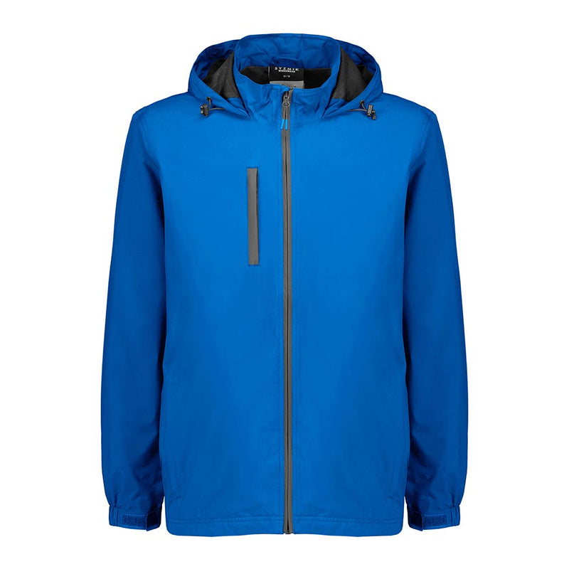 Load image into Gallery viewer, Syzmik Unisex Super Light Packable Rain Jacket, a bright-blue hooded windbreaker with full-length zipper, angled chest pocket, adjustable cuffs, and mesh lining for breathability, designed for lightweight, waterproof protection.