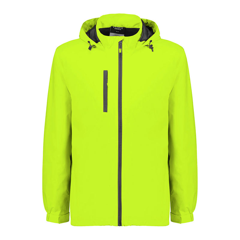 Load image into Gallery viewer, Syzmik Unisex Super Light Packable Rain Jacket, showcasing lightweight, waterproof design with a peaked hood, mesh lining, zippered pockets, and adjustable cuffs, ideal for active safety work environments.