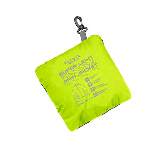 Syzmik Unisex Super Light Packable Rain Jacket: A lightweight, breathable waterproof jacket with zippered pockets, adjustable storm cuffs, and a peaked hood, ideal for wet weather protection and safety in active work environments.
