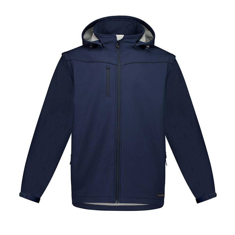 Load image into Gallery viewer, Syzmik Unisex Streetworx 2-in-1 Stretch Softshell Jacket, featuring a zip-off hood, removable sleeves, adjustable cuffs, zippered pockets, and unique bonded fleece lining, ideal for versatile weather protection and active safety.