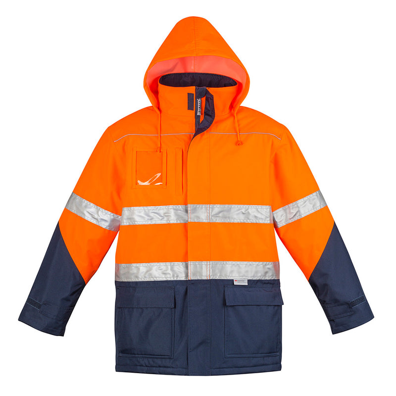 Load image into Gallery viewer, Syzmik Hi Vis Storm Rain Jacket featuring reflective stripes, front flap pockets, and a concealed hood. Designed for high visibility and protection, ideal for safety-focused work environments.