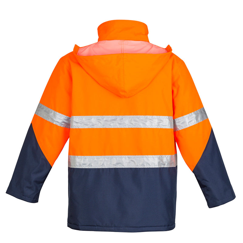 Load image into Gallery viewer, Syzmik Hi Vis Storm Rain Jacket featuring reflective stripes, designed with waterproof 300D Oxford Polyester, quilt lining, front flap pockets, and adjustable cuffs, ideal for safety and protection in active work environments.