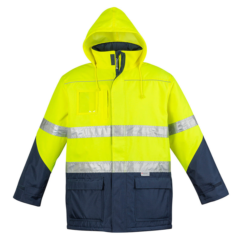 Load image into Gallery viewer, Syzmik Hi Vis Storm Rain Jacket featuring reflective stripes, a concealed hood, and multiple pockets, designed for safety and functionality in work environments, ideal for New Zealand’s safety gear needs.