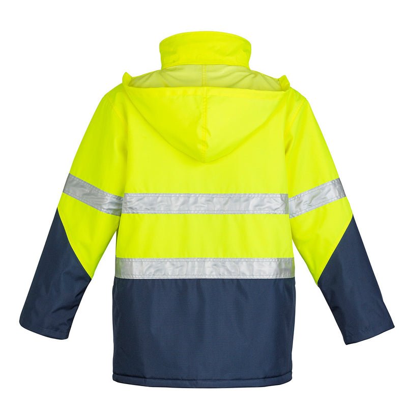 Load image into Gallery viewer, Syzmik Hi Vis Storm Rain Jacket featuring reflective stripes, adjustable cuffs, and front flap pockets, designed for high visibility and waterproof protection. Ideal for New Zealand's safety-focused work environments.