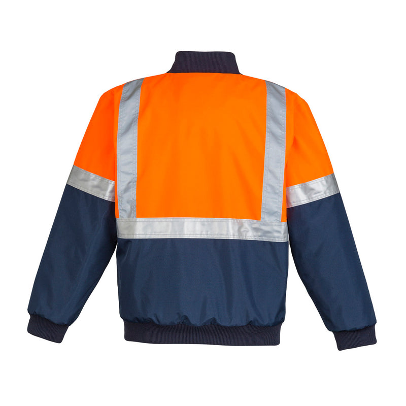 Load image into Gallery viewer, Syzmik Hi Vis Quilted Flying Jacket features reflective stripes, visible quilted lining, a concealed hood, ribbed collar, and cuffs, making it ideal for safety and cold weather protection.