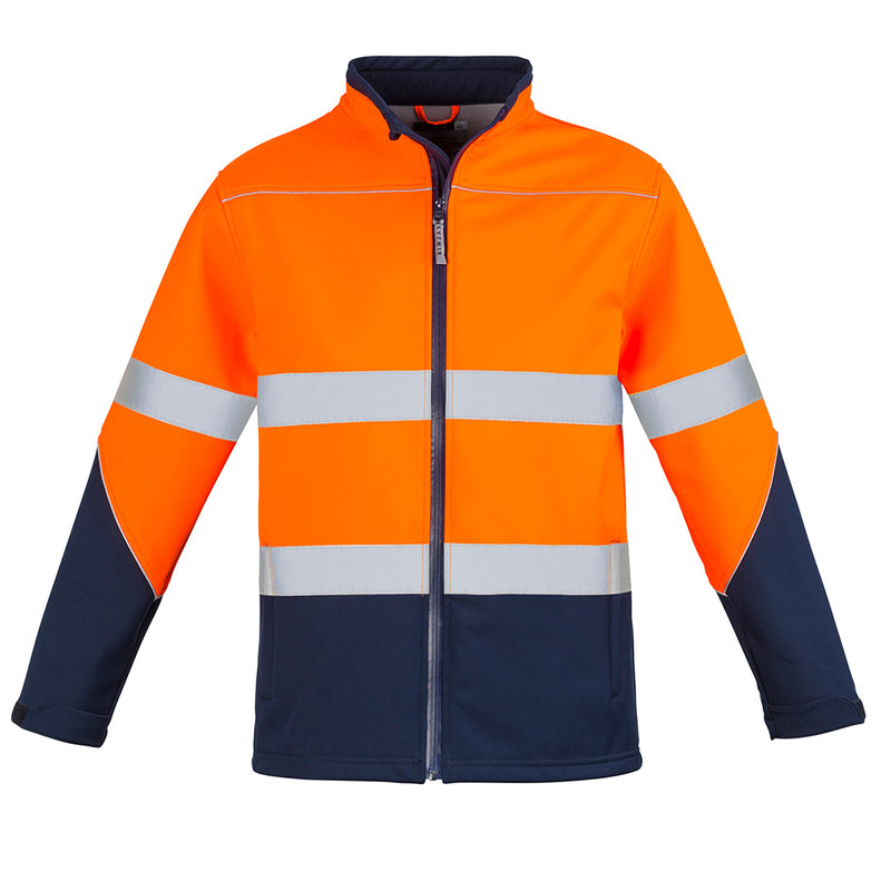 Load image into Gallery viewer, Syzmik Hi Vis Taped Soft Shell Jacket featuring reflective stripes, waterproof zips, and adjustable cuffs, ideal for safety and comfort in workplace environments.