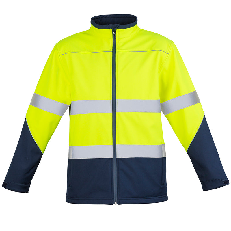Load image into Gallery viewer, Syzmik Hi Vis Taped Soft Shell Jacket showcasing reflective tape and waterproof zips, designed for safety and comfort. Ideal for workplace environments, featuring adjustable cuffs and hip pockets.