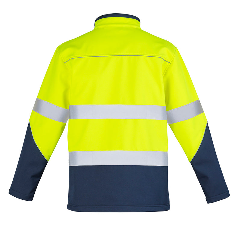 Load image into Gallery viewer, Syzmik Hi Vis Taped Soft Shell Jacket featuring reflective tape, adjustable cuff fasteners, and waterproof zips, designed for high visibility and weather resistance, ideal for safety-focused environments.