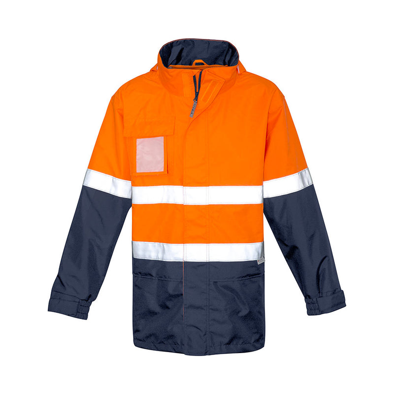 Load image into Gallery viewer, Syzmik Ultralite Hi Vis Rain Jacket with bright sections, reflective stripes, and multiple pockets, designed for visibility and rain protection with adjustable features and a waterproof rating of 10,000mm.