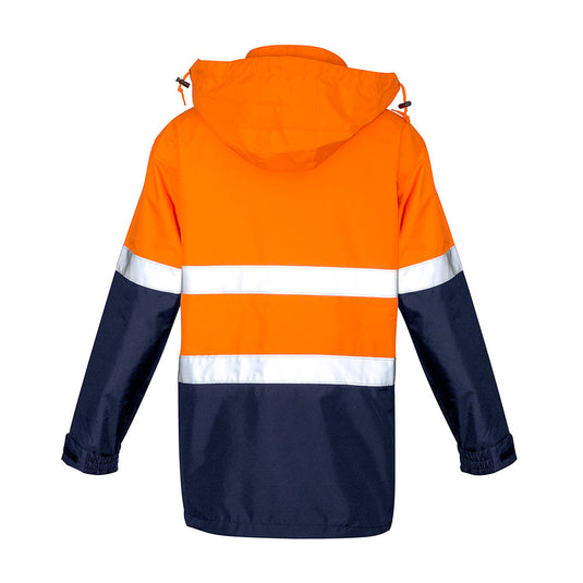 Syzmik Ultralite Hi Vis Rain Jacket features a bright, reflective design with dual silver stripes for visibility, adjustable cuffs, and a hood, ideal for safety in wet conditions.