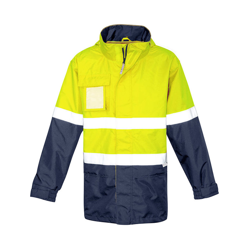 Load image into Gallery viewer, Syzmik Ultralite Hi Vis Rain Jacket featuring a fluorescent upper with reflective bands, zip-and-snap front, storm flap, chest pocket, and adjustable hood, ideal for safety and comfort in wet conditions.