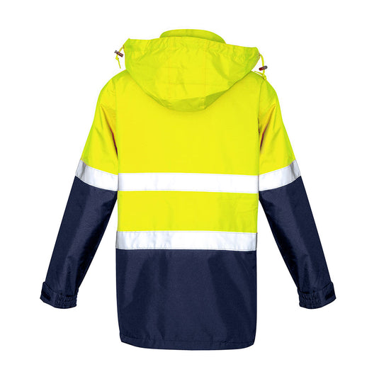 Syzmik Ultralite Hi Vis Rain Jacket with fluorescent yellow upper and navy lower panels features two reflective torso stripes, adjustable cuffs, hood, front and internal pockets, and a chin guard for comfort.