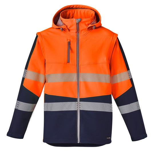 Syzmik 2-in-1 Stretch Soft Shell Taped Jacket featuring a hood and detachable sleeves, showcasing a close-up of its zip-off design and segmented tape for enhanced flexibility and protection.