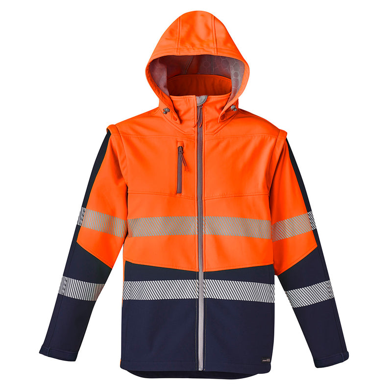Load image into Gallery viewer, Syzmik 2-in-1 Stretch Soft Shell Taped Jacket featuring a hood and zip-off sleeves, designed for functionality with segmented tape and multiple pockets, ideal for safety and workplace environments.