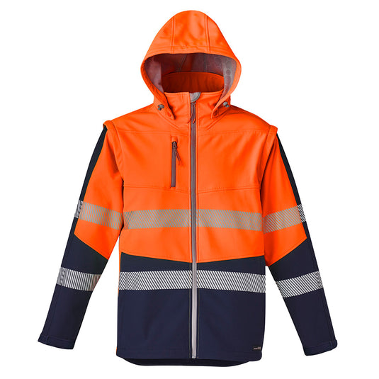 Syzmik 2-in-1 Stretch Soft Shell Taped Jacket featuring a hood and zip-off sleeves, designed for functionality with segmented tape and multiple pockets, ideal for safety and workplace environments.
