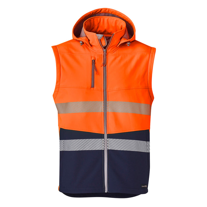 Load image into Gallery viewer, Syzmik 2-in-1 Stretch Soft Shell Taped Jacket with detachable sleeves and hood, featuring zip pockets and segmented tape for flexibility, ideal for safety-conscious workplaces.