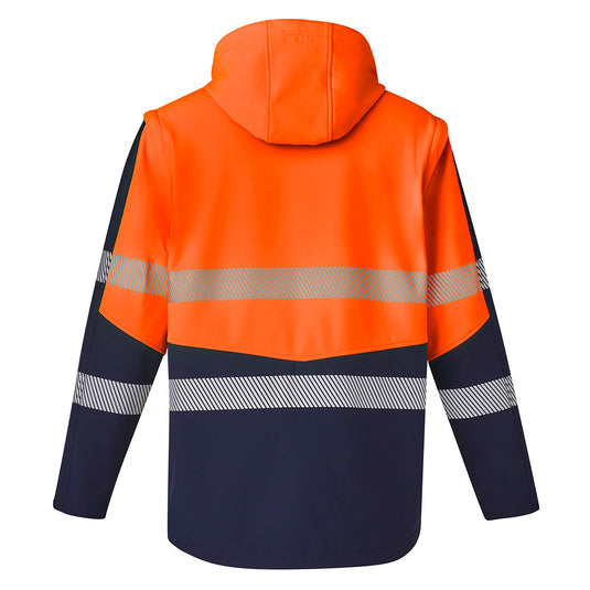 Syzmik 2-in-1 Stretch Soft Shell Taped Jacket featuring a hood, zip-off sleeves, and two front zip pockets, designed for comfort and movement, ideal for safety and workwear environments.