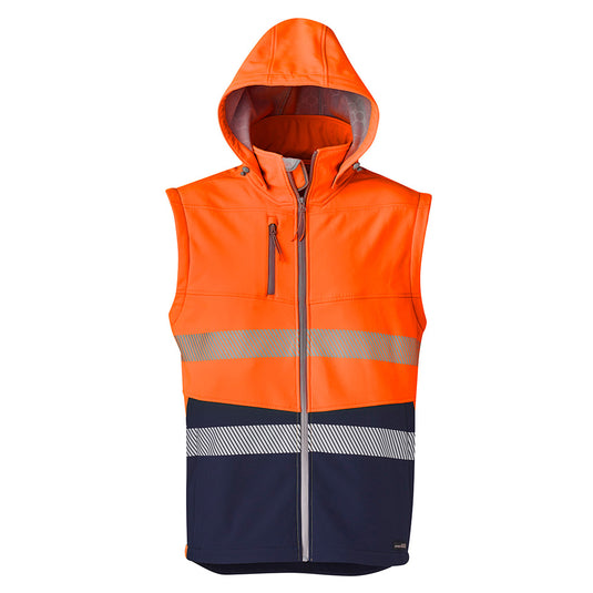 Syzmik 2-in-1 Stretch Soft Shell Taped Jacket featuring a detachable hood and sleeves, zippered hip pockets, and a chest pocket, ideal for high-visibility and water resistance in safety and work environments.