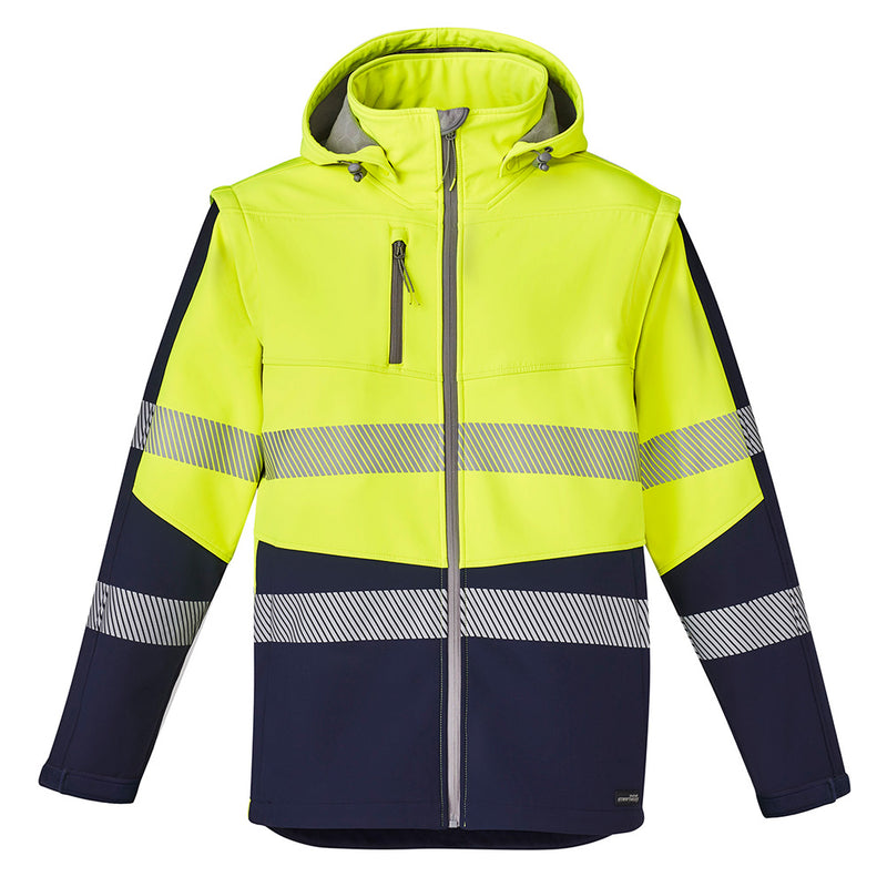 Load image into Gallery viewer, Syzmik 2-in-1 Stretch Soft Shell Taped Jacket with removable sleeves and hood, featuring zip-off design and protective cuff adjusters, perfect for workplace safety and high-visibility needs.