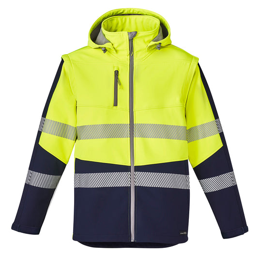 Syzmik 2-in-1 Stretch Soft Shell Taped Jacket with removable sleeves and hood, featuring zip-off design and protective cuff adjusters, perfect for workplace safety and high-visibility needs.