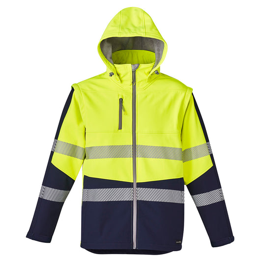 Syzmik 2-in-1 Stretch Soft Shell Taped Jacket, featuring detachable sleeves and hood, segmented tape for flexibility, zippered pockets, and a longer tail for weather protection, ideal for safety-focused work environments.