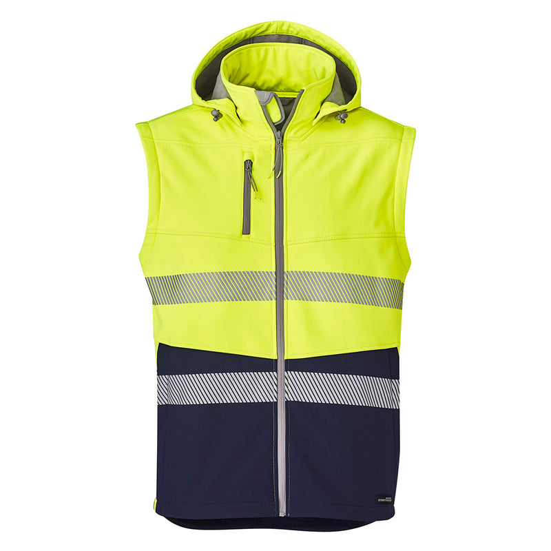 Load image into Gallery viewer, Syzmik 2-in-1 Stretch Soft Shell Taped Jacket with removable sleeves and hood, featuring Bio Motion segmented tape and multiple secure pockets, designed for comfort and safety in active work environments.