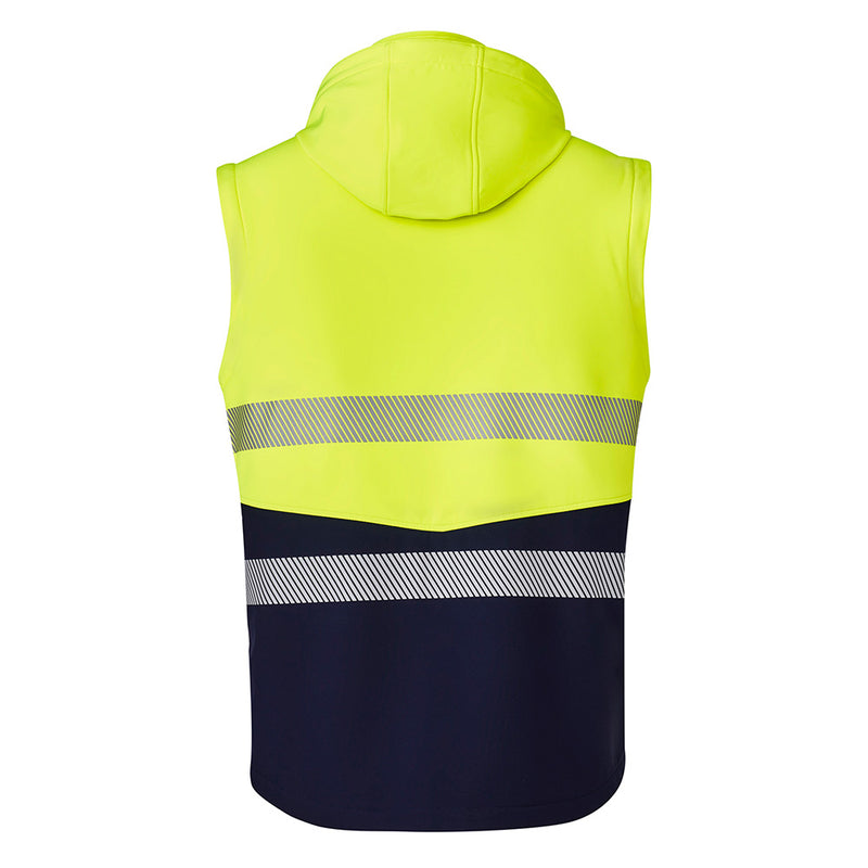 Load image into Gallery viewer, Syzmik 2-in-1 Stretch Soft Shell Taped Jacket with detachable hood and zip-off sleeves, featuring segmented tape and front zip pockets, ideal for enhanced comfort and movement in safety-focused environments.