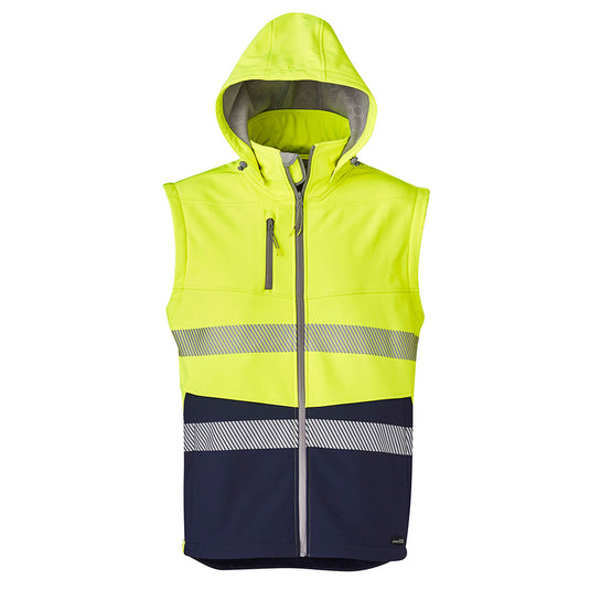 Syzmik 2-in-1 Stretch Soft Shell Taped Jacket featuring a detachable hood and sleeves, visible bio motion segmented tape, and a unique fleece lining, designed for flexibility and safety in work environments.