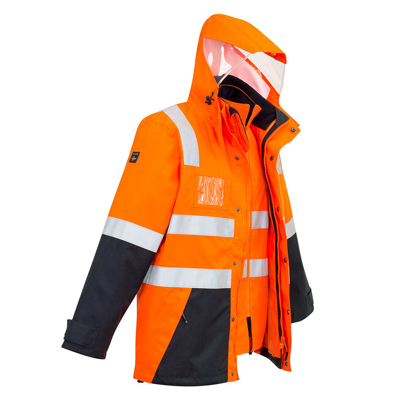 Load image into Gallery viewer, Syzmik Hi Vis 4-in-1 Vest/Jacket Combo with bright orange waterproof design, reflective striping, a hood with clear visor, and reversible fleece-lined vest for versatile safety and comfort.