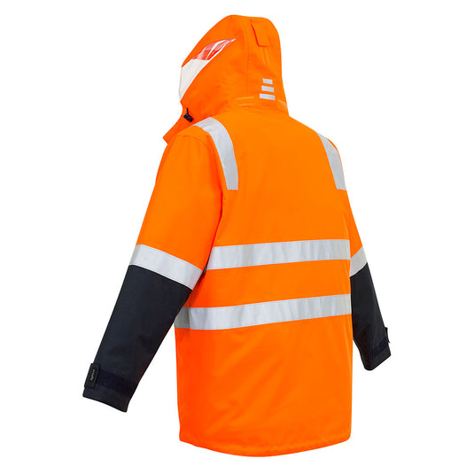 Syzmik Hi Vis 4-in-1 Vest/Jacket Combo features a bright orange design with reflective silver stripes, a hood with clear panels, and multiple pockets, enhancing visibility and functionality for safety in work environments.