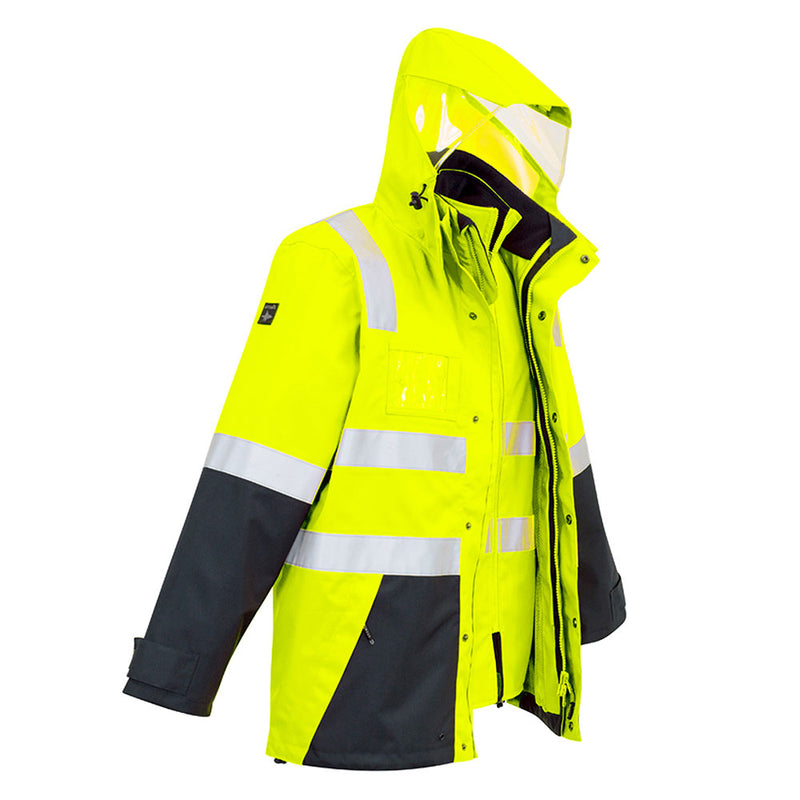 Load image into Gallery viewer, Syzmik Hi Vis 4-in-1 Vest/Jacket Combo featuring neon yellow high-visibility design with reflective bands, a reversible fleece-lined vest, zip pockets, concealed hood with clear panels, and storm flap, ideal for low-light safety.