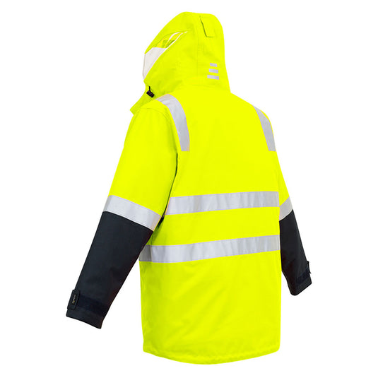 Syzmik Hi Vis 4-in-1 Vest/Jacket Combo showcases a fluorescent yellow safety jacket with reflective striping, black sleeves, a hood, adjustable cuffs, and a reversible fleece-lined vest, ideal for workplace safety.
