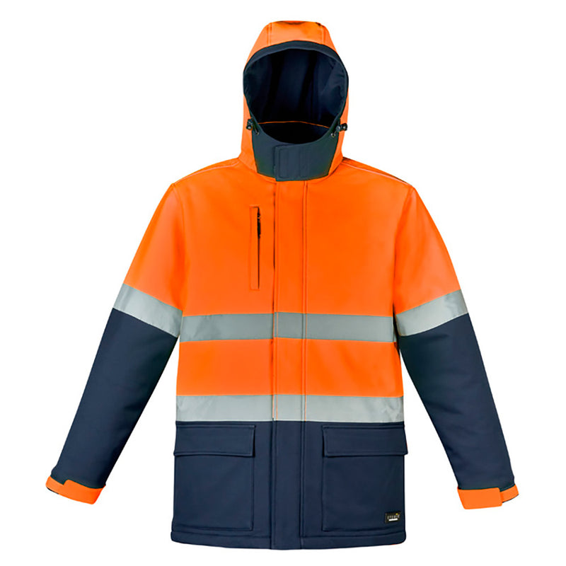 Load image into Gallery viewer, Syzmik Hi Vis Antarctic Softshell Taped Jacket with reflective stripes, featuring a zip-off hood, storm flap, and multiple pockets, designed for extreme cold protection and water resistance.