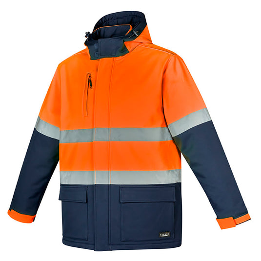 Syzmik Hi Vis Antarctic Softshell Taped Jacket featuring reflective stripes, zip-off hood, storm flap closure, and multiple secure pockets, ideal for cold, high-visibility work environments.