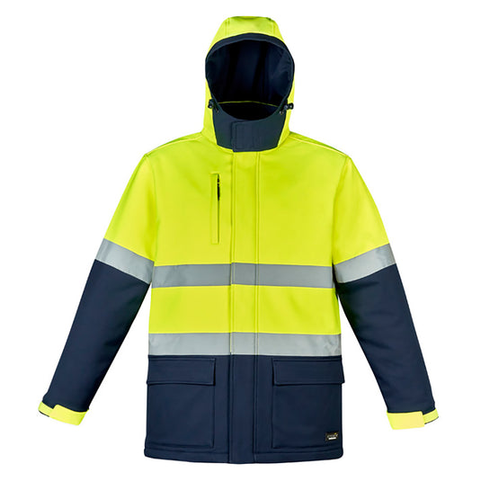 Syzmik Hi Vis Antarctic Softshell Taped Jacket features a quilted lining, zip-off hood, and multiple secure pockets, designed for warmth and protection, aligning with Active Safety's focus on high-visibility workwear.