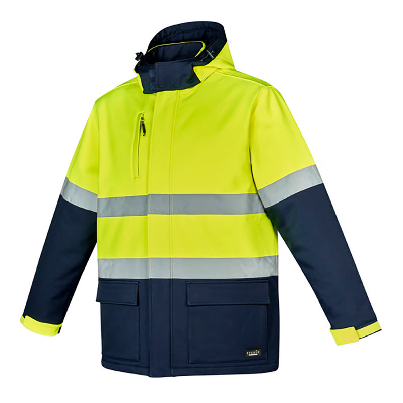 Load image into Gallery viewer, Syzmik Hi Vis Antarctic Softshell Taped Jacket with quilted lining, zip-off hood, and multiple secure pockets, ideal for cold conditions and safety, reflecting Active Safety's commitment to quality workwear.