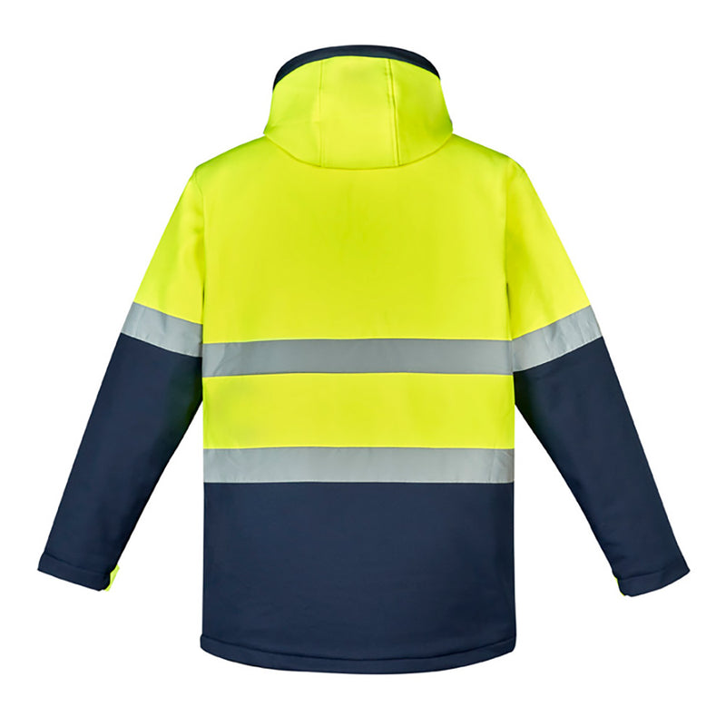 Load image into Gallery viewer, Syzmik Hi Vis Antarctic Softshell Taped Jacket featuring grey stripes, zip-off hood, storm flap closure, and multiple pockets, designed for extreme cold protection with EN342 rating. Ideal for workplace safety.