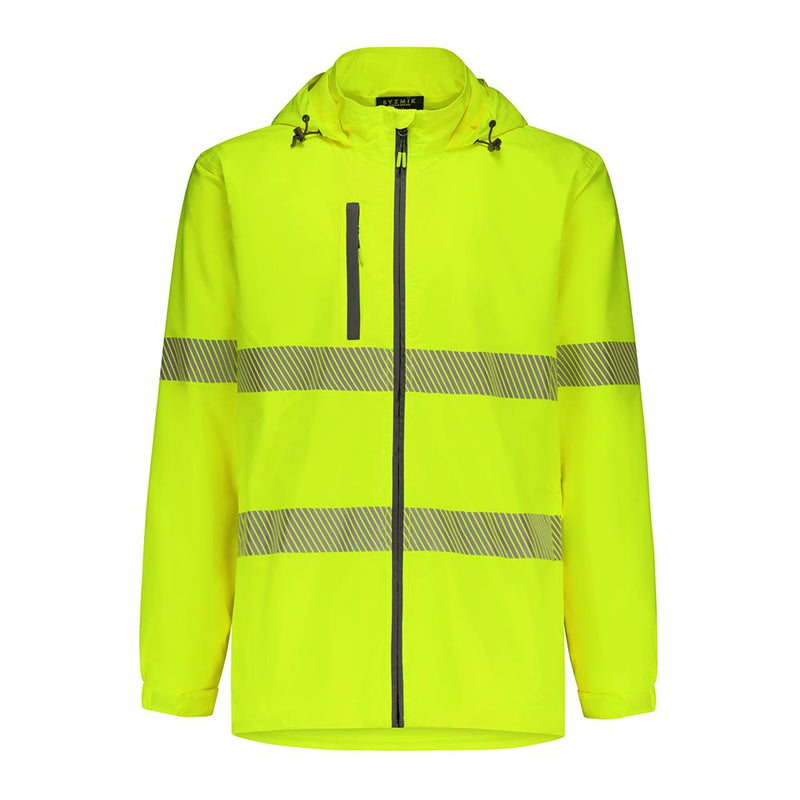 Load image into Gallery viewer, Syzmik Unisex Super Light Segmented Tape Packable Rain Jacket, featuring reflective bands, adjustable hood, and cuffs, with multiple zip pockets for secure storage, ideal for active safety and weather protection.