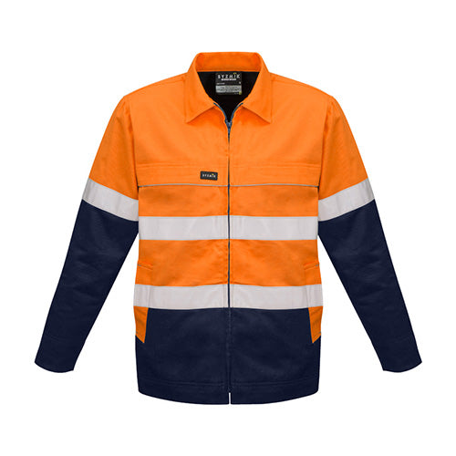 Load image into Gallery viewer, Syzmik Hi Vis Taped Cotton Drill Jacket featuring a white stripe, durable cotton drill fabric, flannel lining, and multiple pockets, ideal for safety and workwear. Perfect for cold, demanding environments.