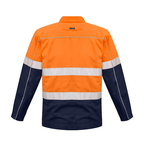 Load image into Gallery viewer, Syzmik Hi Vis Taped Cotton Drill Jacket showcasing its back view, features durable cotton drill with flannel lining, reflective stripes, and practical pockets, ideal for safety and comfort in workplace environments.