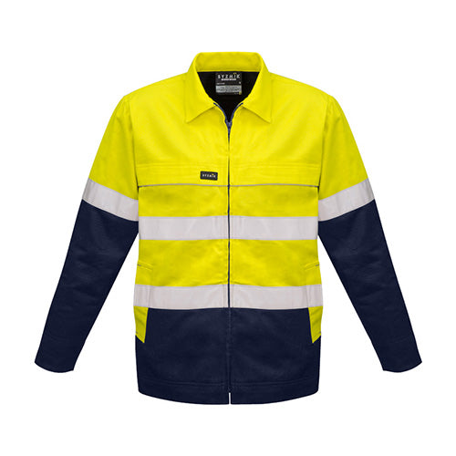 Load image into Gallery viewer, Syzmik Hi Vis Taped Cotton Drill Jacket showcasing durable cotton drill fabric with a flannel lining, featuring two chest pockets, side waist pockets, and a Vislon zipper, ideal for safety-focused work environments.