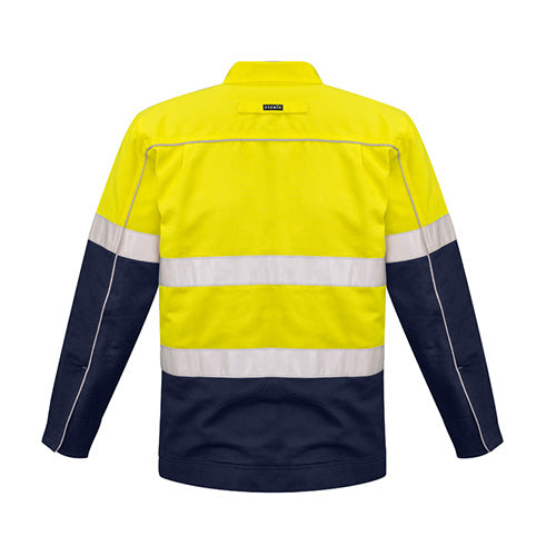 Load image into Gallery viewer, Syzmik Hi Vis Taped Cotton Drill Jacket featuring a durable design with white stripes and practical chest and waist pockets, ideal for safety and comfort in workplace environments.