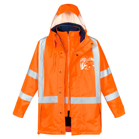 Syzmik TTMC-W23 X-Back 4-in-1 Combo: An orange rain jacket featuring reflective stripes, zippered pockets, and a concealed hood, with a detachable fleece-lined vest, ideal for high-visibility work environments.